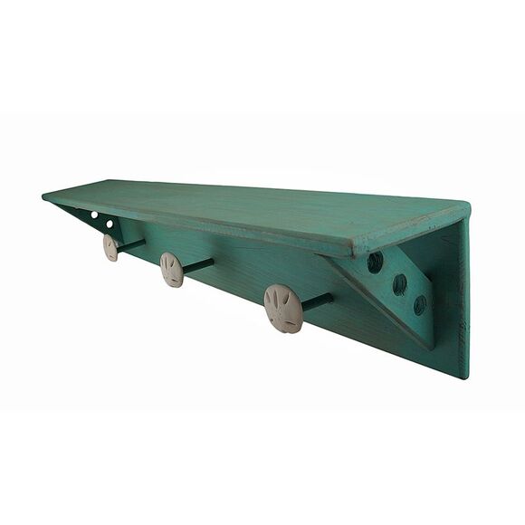 Scratch & Dent Green Weathered Finish Sand Dollar Wooden Wall Hook Shelf - Picture 2 of 4